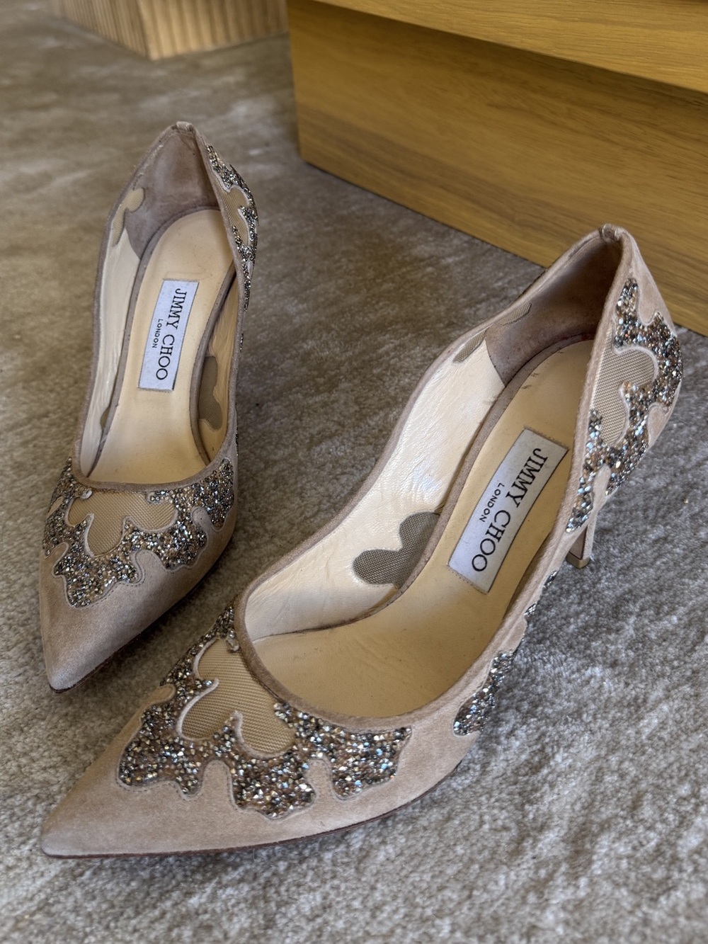 Jimmy Choo Brigitte Suede and Mesh Glitter Pumps in Nude Pink